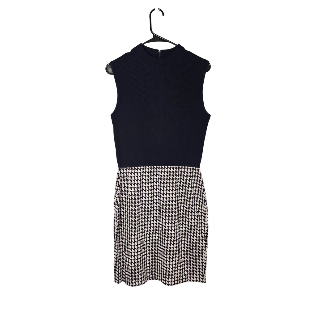 St. John Dark Blue Sleeveless Two Toned Houndstooth Sheath Dress Womens 8 Career
